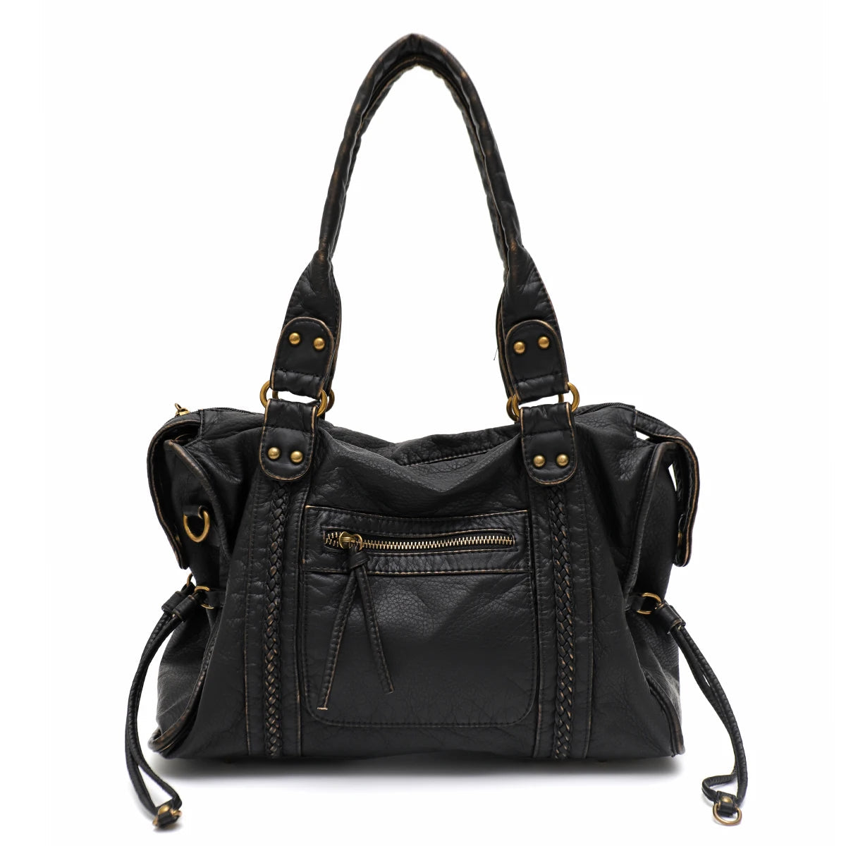 Vintage Washed PU Leather Large Capacity Tote Zip Pockets Braid Decor Shoulder Cross body Bag Unisex Women Daily Travel Handbag Quick Pick Grocers