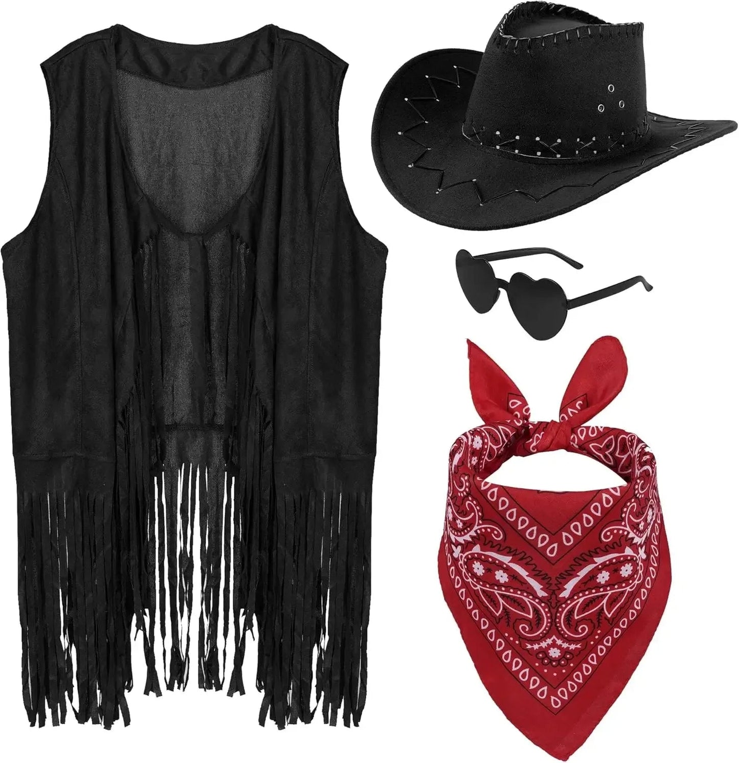 Women Men Cowgirl Costume Western Vest Hat Belt Bandana Set for Cowboy Tassels Fringe Vest Halloween Outfits Wild West Cosplay Quick Pick Grocers