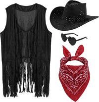 Women Men Cowgirl Costume Western Vest Hat Belt Bandana Set for Cowboy Tassels Fringe Vest Halloween Outfits Wild West Cosplay Quick Pick Grocers