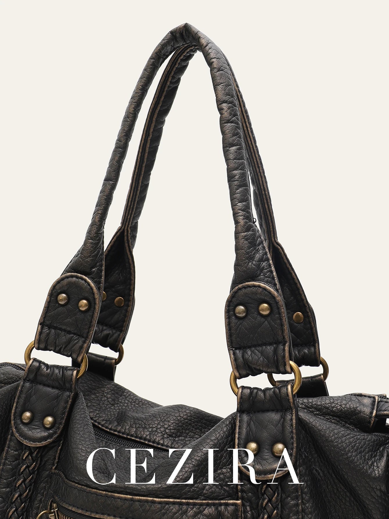 Vintage Washed PU Leather Large Capacity Tote Zip Pockets Braid Decor Shoulder Cross body Bag Unisex Women Daily Travel Handbag Quick Pick Grocers