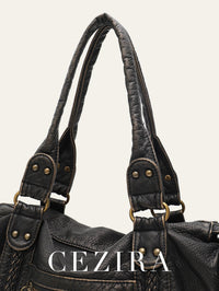 Vintage Washed PU Leather Large Capacity Tote Zip Pockets Braid Decor Shoulder Cross body Bag Unisex Women Daily Travel Handbag Quick Pick Grocers