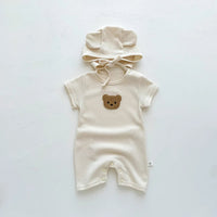 New In Summer Kids Baby Girls Boys Short Sleeve Waffle Patch Bear Infant Newborn Jumpsuits Cotton Romper Gift Hat with Ear Econic Blanks