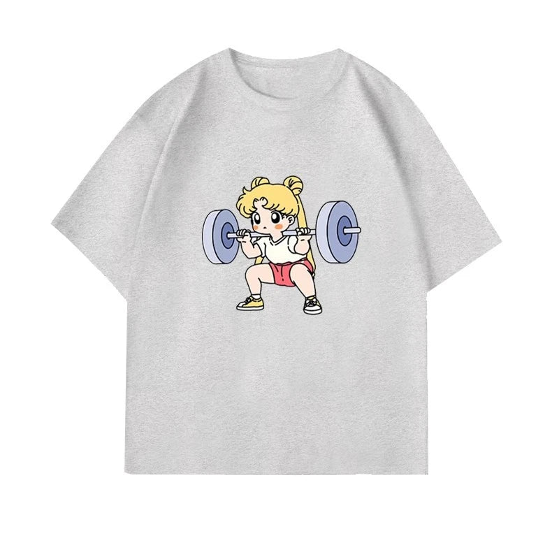 Sailor Moon Lifting Iron Fitness Women's T-Shirt Cotton Girl Children Parent-Child Summer Loose Cute Sweet Fun Short Sleeves Top Quick Pick Grocers