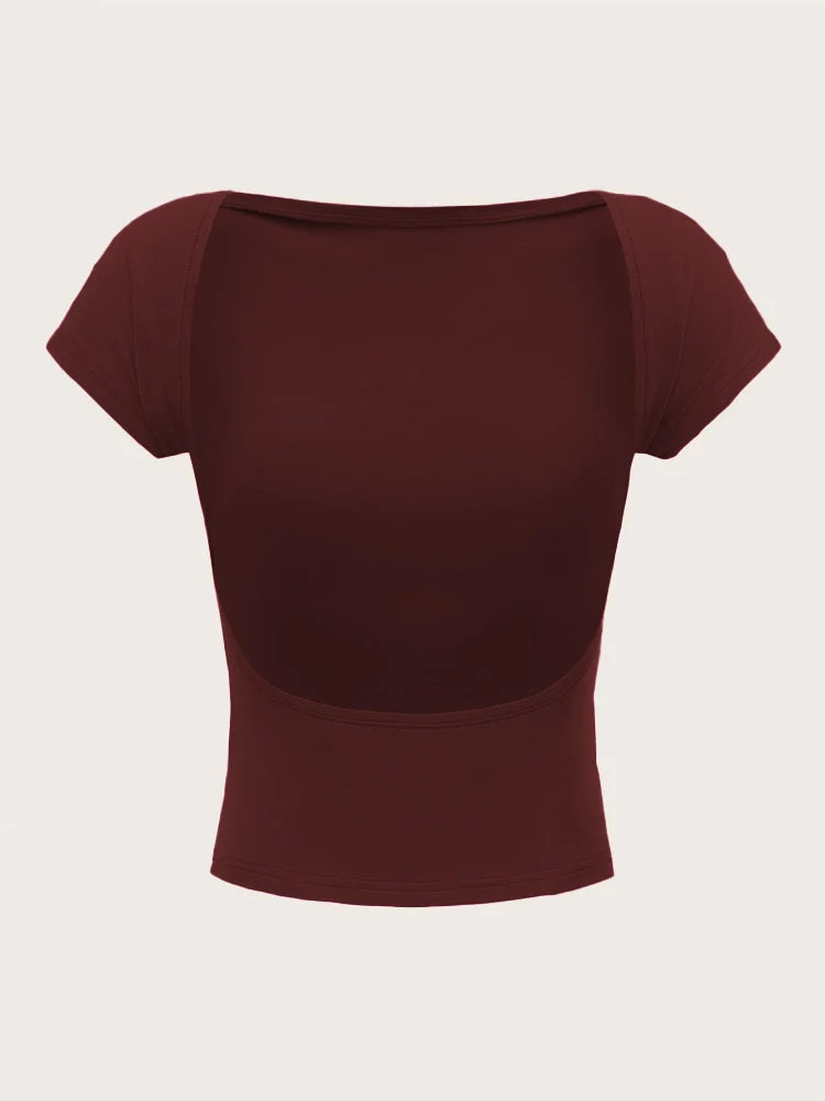 Women's O-neck Backless T-shirt Short Sleeve Solid Color Crop Top Summer Cute Baby Tee Y2K Clothes Bodycon Tunics Fashion Tank Quick Pick Grocers