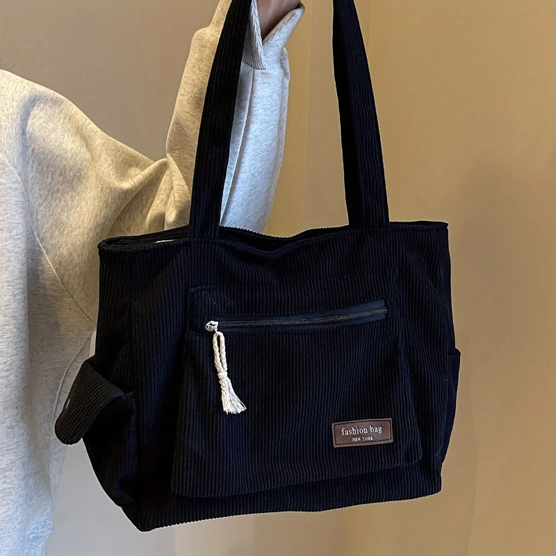 Simple Corduroy Tote Bag, Solid Color Shoulder Bag, Retro Multi Pockets Handbag For School Work Shopping Econic Blanks
