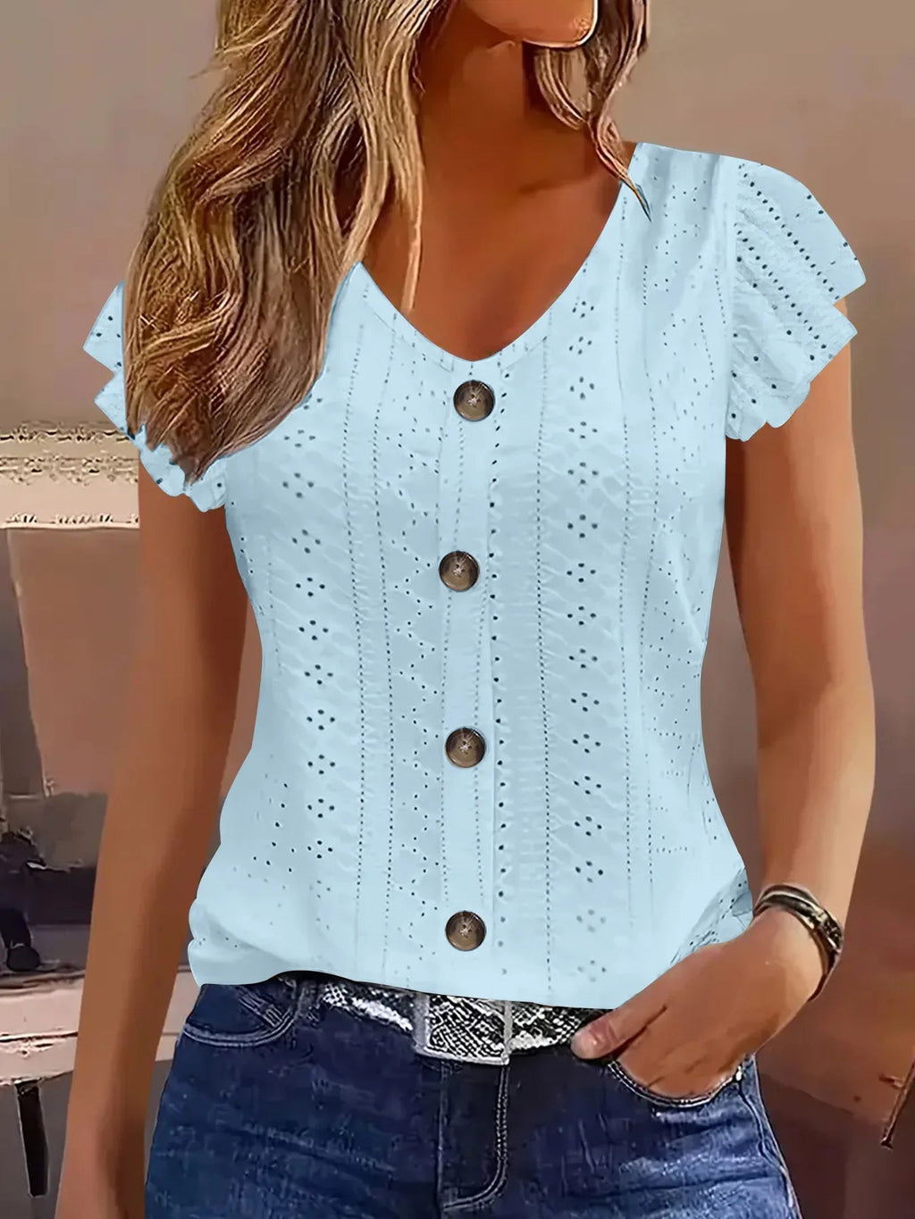 2025 Spring/Summer new women's fashion stylish commute casual solid color multi-color ruffle sleeve V-neck T-shirt Quick Pick Grocers