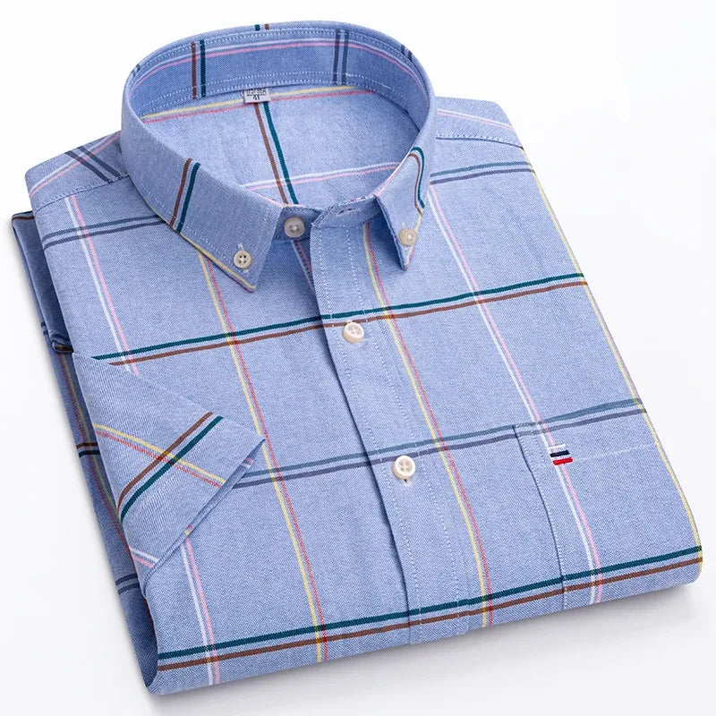 Men's high-quality Oxford cotton short sleeved shirt for summer comfort breathable classic solid color plaid business leisure Quick Pick Grocers