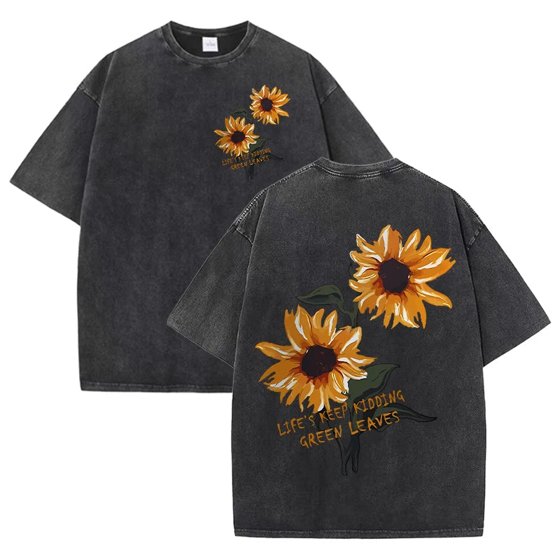 Lift Is Good Beautiful Sunflower Print Washed T Shirts Women Soft Cotton T-Shirt Street Creative Short Sleeve Summer Casual Tops Quick Pick Grocers