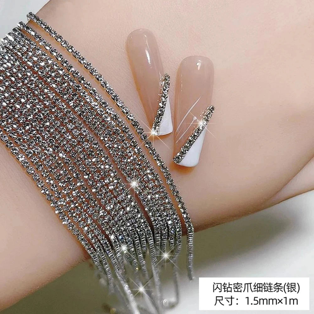 100/50cm Long Luxury Crystal Chain Nail Charms 1.5/2mm Shinying Clear/AB Diamond Nail Art Metal Steel French Manicure Crystal Econic Blanks