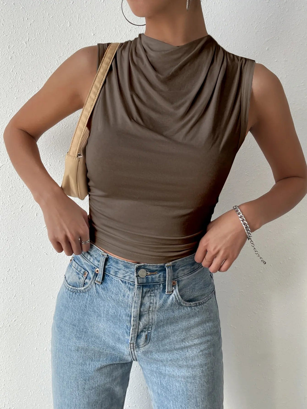 Women's Casual Pleated Design Top Summer Fashion Street Style Solid Color Slim Half High Neck Sleeveless T-Shirt Top Quick Pick Grocers