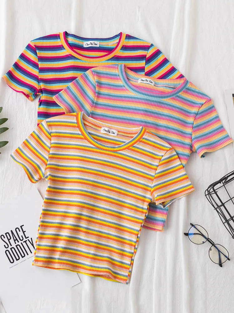 New T Shirt Women Rainbow Striped Tops Slim Fit t shirt Harajuku Tshirt Summer Short Sleeve Korean T-shirt feminina Clothes Tops Quick Pick Grocers
