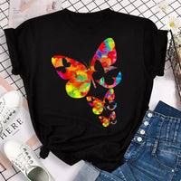 New Fashion Women T-shirt Colorful Butterfly Petal Print Short Sleeve and Round Neck Cute Graphic Tee Shirts Female Tops Clothin Quick Pick Grocers