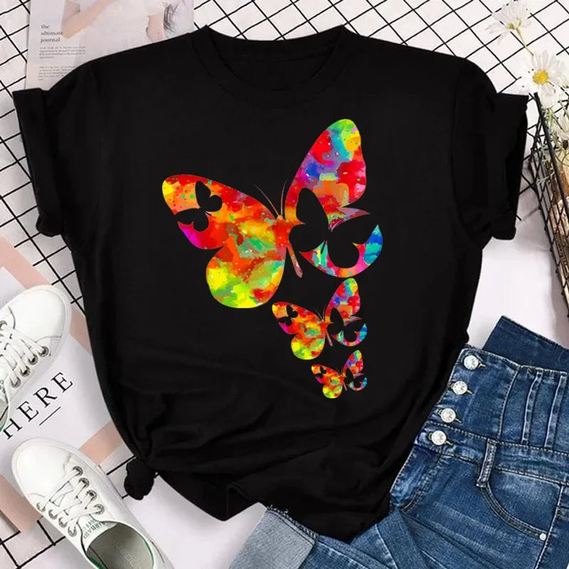 New Fashion Women T-shirt Colorful Butterfly Petal Print Short Sleeve and Round Neck Cute Graphic Tee Shirts Female Tops Clothin Quick Pick Grocers