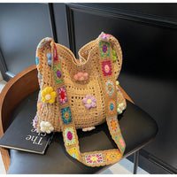 Women's Boho Crochet Bag Designer Flowers Knitted Handbags Large Capacity Summer Beach Woven Shoulder Bag Girls Tote Shopper Bag Quick Pick Grocers