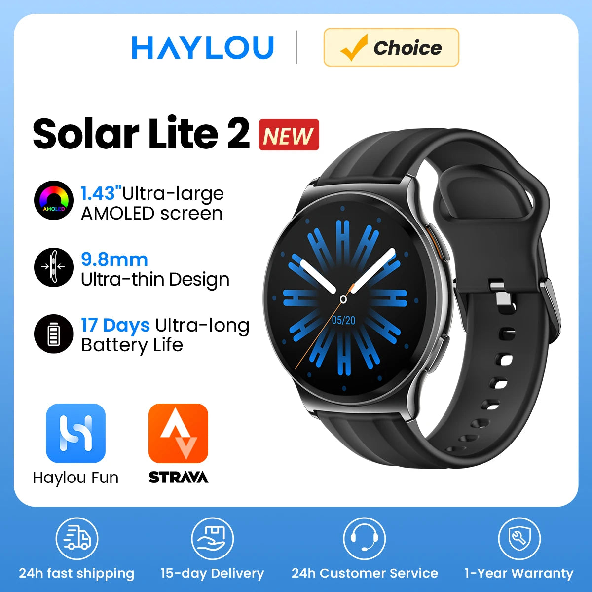 HAYLOU Solar Lite 2 Smartwatch 1.43'' AMOLED Display 24h Health Monitoring 150+ Sports Modes Voice Calling Smart Watch 1ATM Quick Pick Grocers