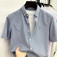 High End Brand Embroidered Striped Shirt Men's Short Sleeved Lapel Business Breathable Shirt Summer New Pure Cotton Jacket Quick Pick Grocers