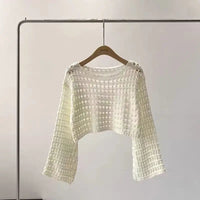 Long Sleeve Crochet Knit Top Summer Beach Bikini Cover Up Crop Pullover Wool Knitwear Blouse Women Vacation Boho Outfit Quick Pick Grocers