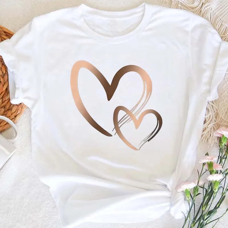 Summer New Fashion Women's Heart Printed T-shirt Trendy Casual Round Neck Top Short Sleeves Women T-shirt Women Clothing Quick Pick Grocers