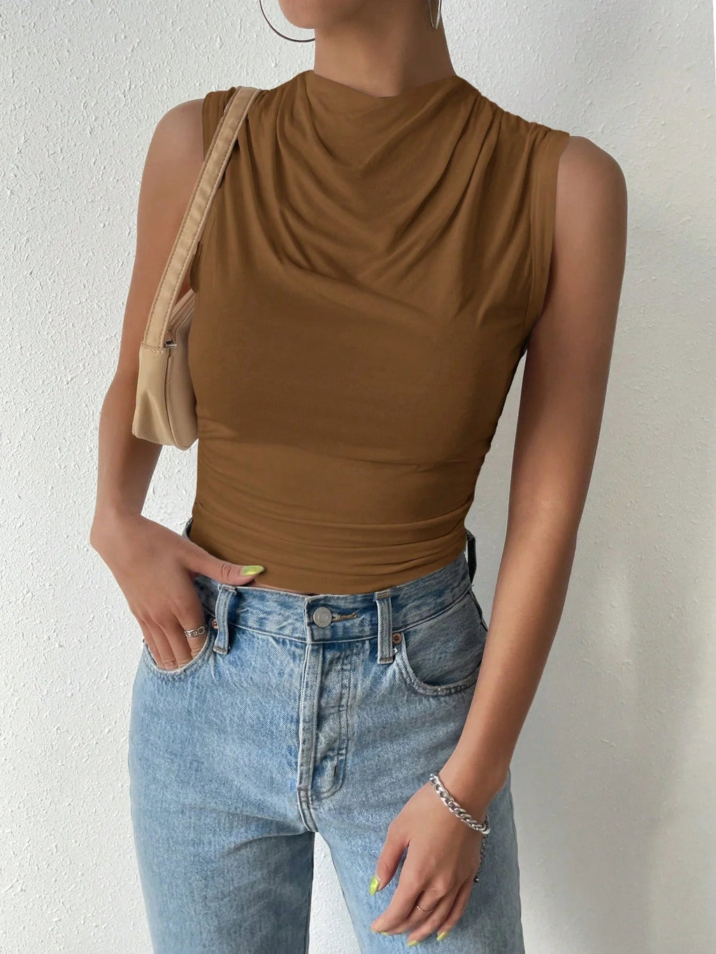 Women's Casual Pleated Design Top Summer Fashion Street Style Solid Color Slim Half High Neck Sleeveless T-Shirt Top Quick Pick Grocers
