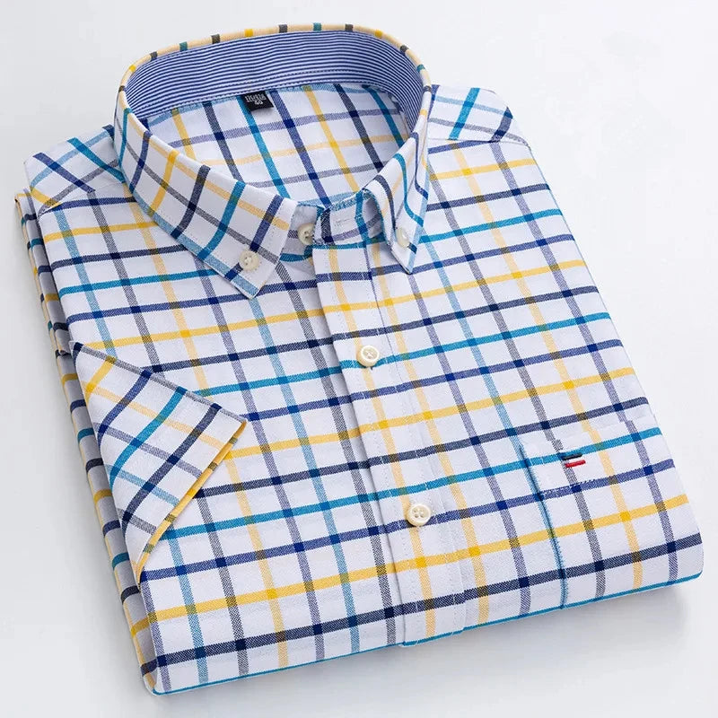 Men's high-quality Oxford cotton short sleeved shirt for summer comfort breathable classic solid color plaid business leisure Quick Pick Grocers