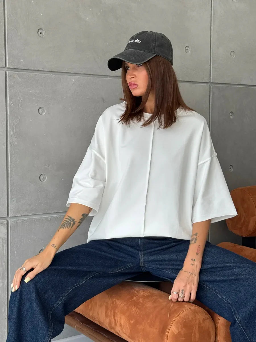 Hirsionsan Summer Casual Oversized T-shirts Women 100% Cotton Pink Loose Tees 2025 New Cusual Solid O Neck Female Aesthetic Tops Quick Pick Grocers