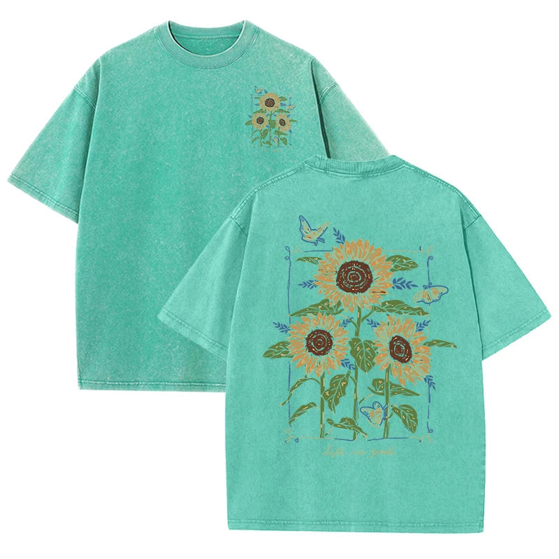 Lift Is Good Beautiful Sunflower Print Washed T Shirts Women Soft Cotton T-Shirt Street Creative Short Sleeve Summer Casual Tops Quick Pick Grocers