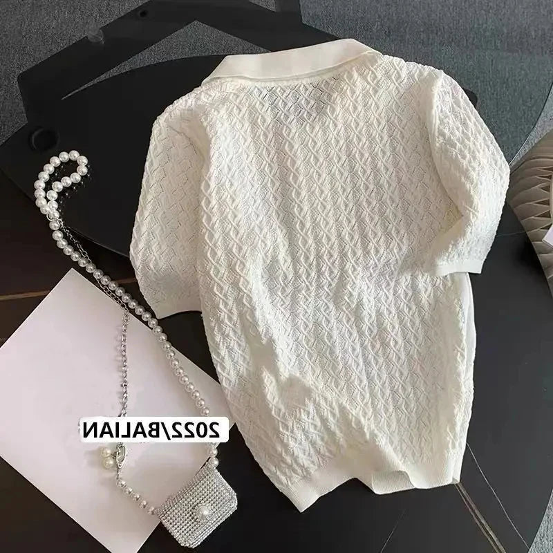 Ice Silk Polo Shirt Knitted Short Sleeve T-Shirt Summer Chic Thin Unique Jacquard Women Tops 2026 Korean Style Women’s Clothing Quick Pick Grocers