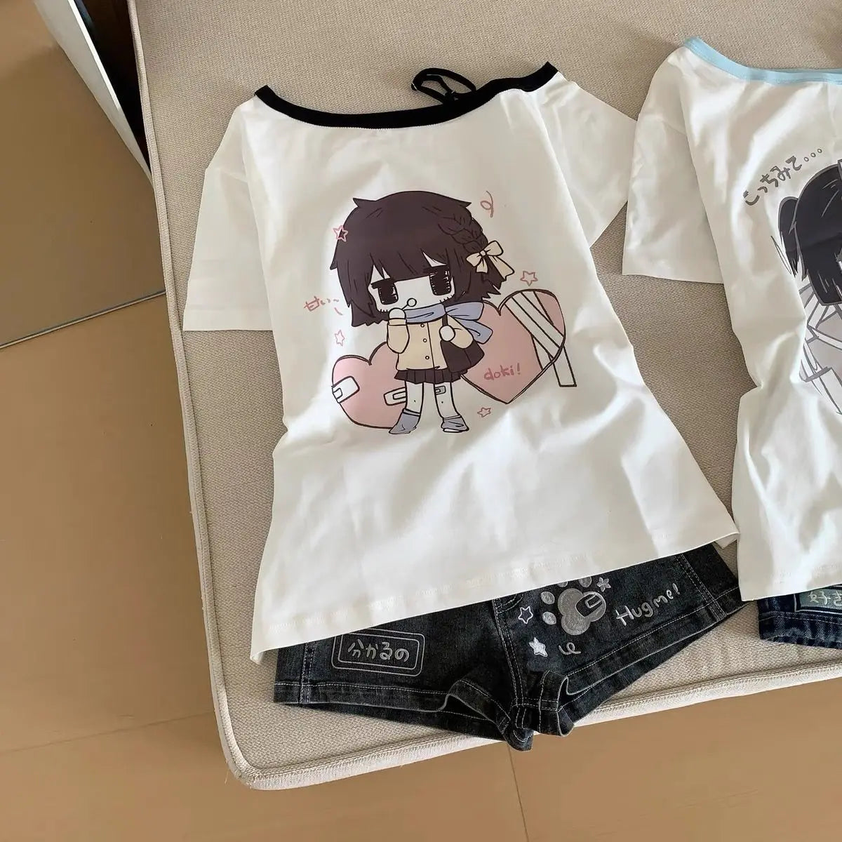 Japanese Y2K Print Skew Collar T-Shirts Summer Off Shoulder Short Sleeve Tee Shirt New Loose All-Match Top for Women Quick Pick Grocers