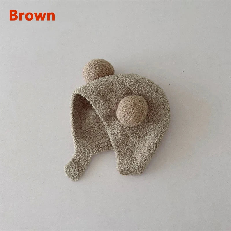 Cute Winter Warm Kids Girl Boys Baby Hats Fleece Wool Hemming Caps with Ball Solid Wool Ear Protection Hats Soft Newborn Bonnet Purest Peak