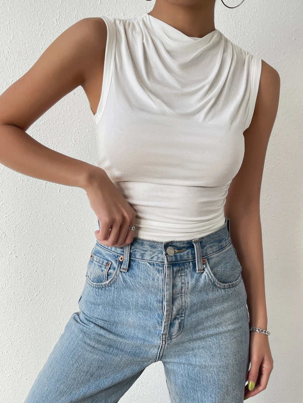 Women's Casual Pleated Design Top Summer Fashion Street Style Solid Color Slim Half High Neck Sleeveless T-Shirt Top Quick Pick Grocers
