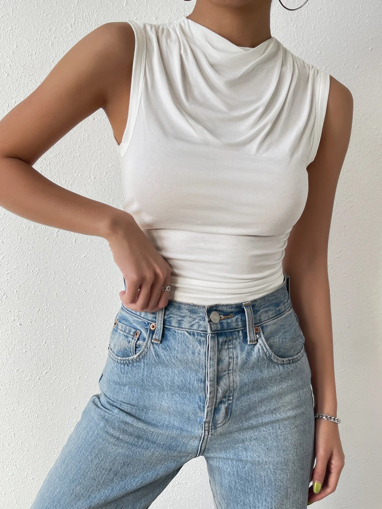Women's Casual Pleated Design Top Summer Fashion Street Style Solid Color Slim Half High Neck Sleeveless T-Shirt Top Quick Pick Grocers