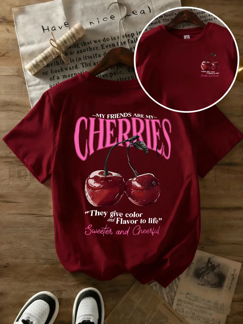 Summer Sweeter Cherries Prints T-Shirts Womens Cotton Oversized T Shirts Basic O-Neck Short Sleeve Tops Casual Woman Clothes Quick Pick Grocers