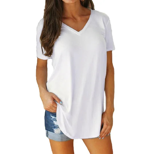 Summer solid color blouse V-neck short sleeve loose T-shirt hem arc women clothes Quick Pick Grocers
