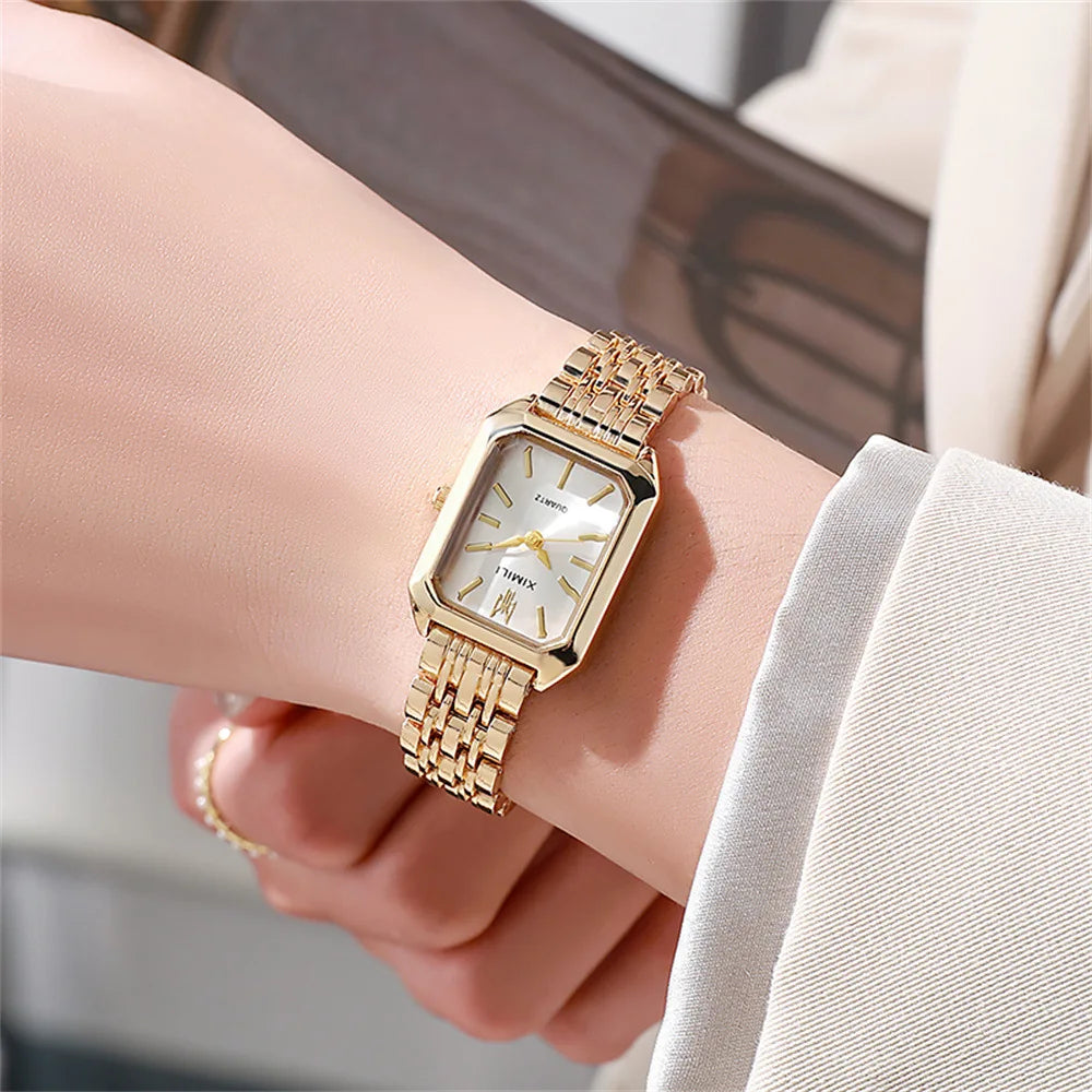 Women's Fashion Square Watches Gold Alloy Strap 2025 Luxury Ladies Quartz Wristwatches Qualities Female Roman Scale Clock Quick Pick Grocers