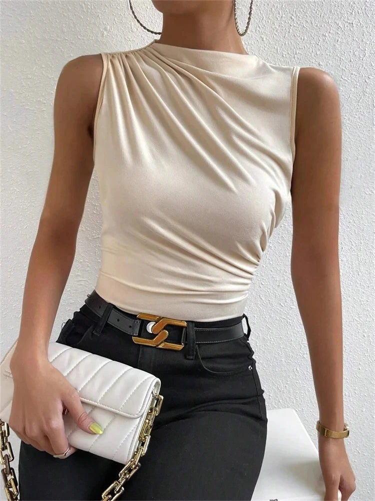 Women's Casual Mock Neck Ruched Tank Top Summer 2024 Solid Color Slim Fit Pleated Sleeveless T Shirt Tee Tshirt Streetwear Quick Pick Grocers