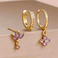 3PCS Fashion Orange Blue Zircon Hanging Earrings Set for Women Stainless Steel Flower Dangle Earring Piercing Jewelry Econic Blanks