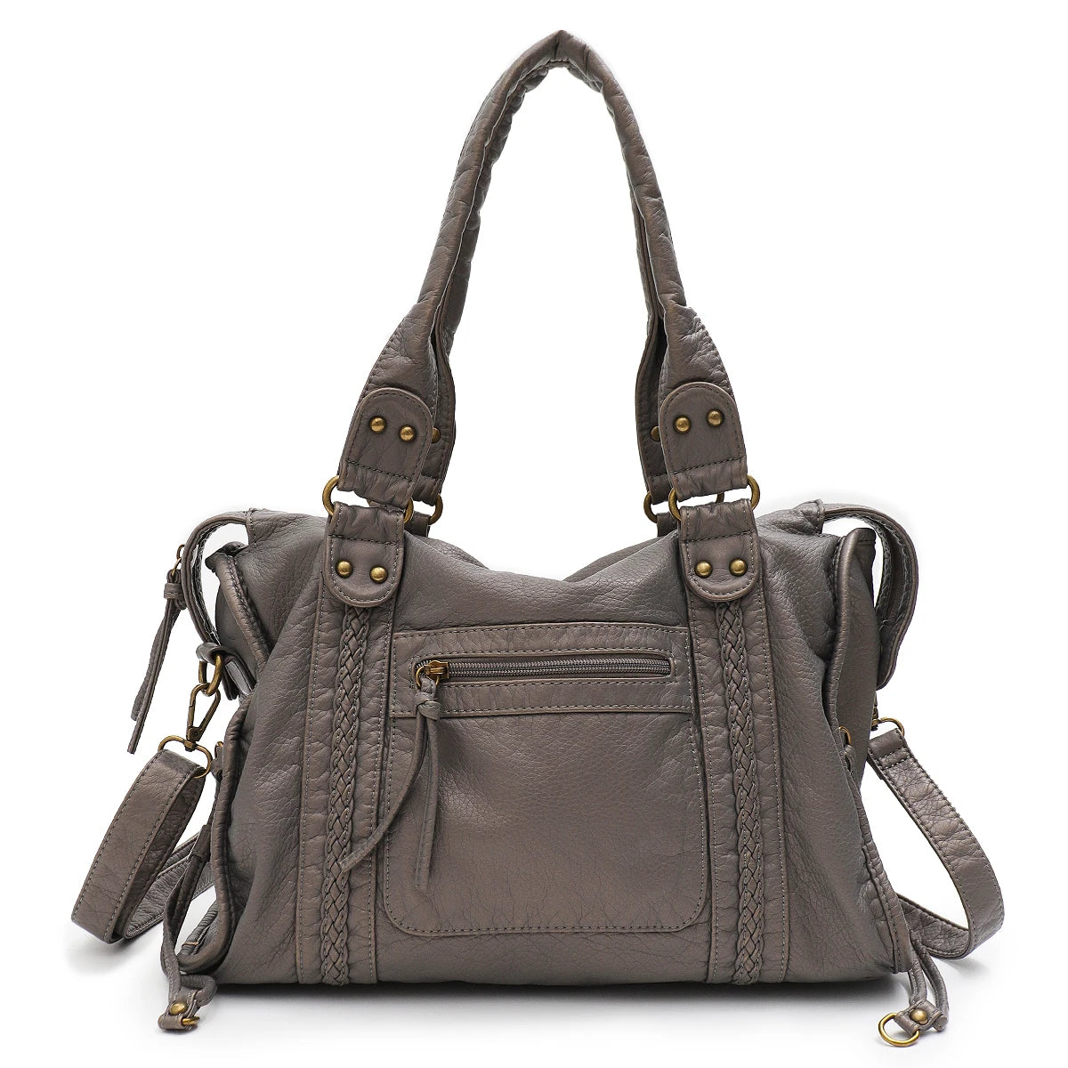 Vintage Washed PU Leather Large Capacity Tote Zip Pockets Braid Decor Shoulder Cross body Bag Unisex Women Daily Travel Handbag Quick Pick Grocers