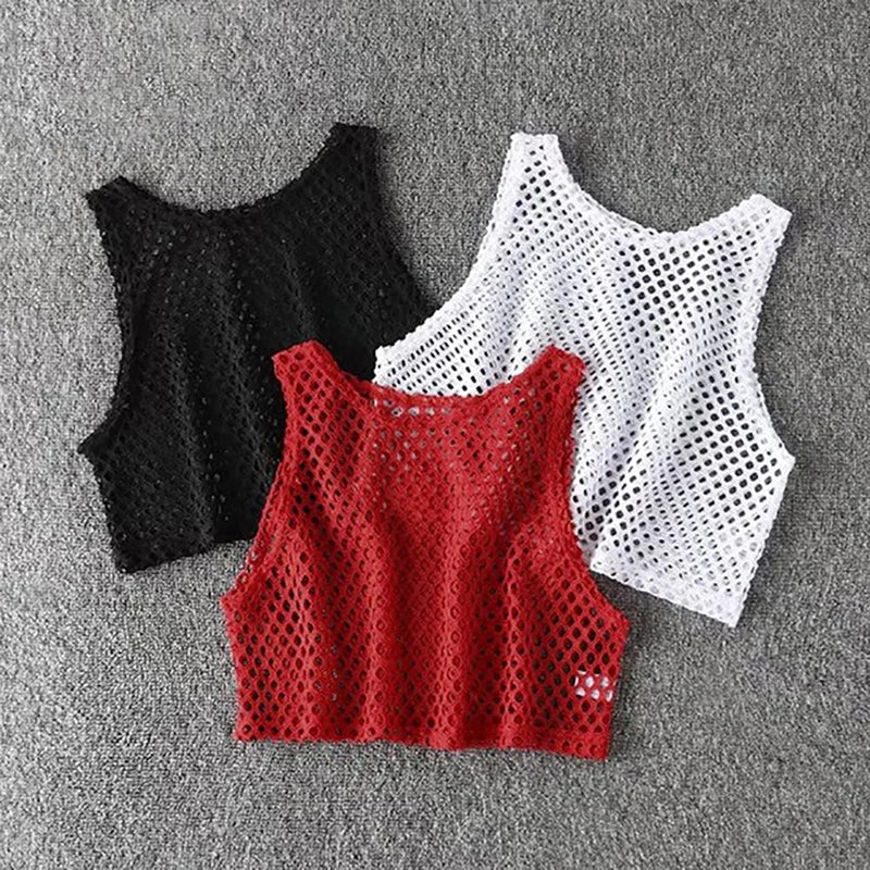 Sexy Black/Red Hollow Out Crop Top 2023 Mesh T-shirt Female Loose Fashion Summer Basic Tops For Women Fishnet Shirt Quick Pick Grocers