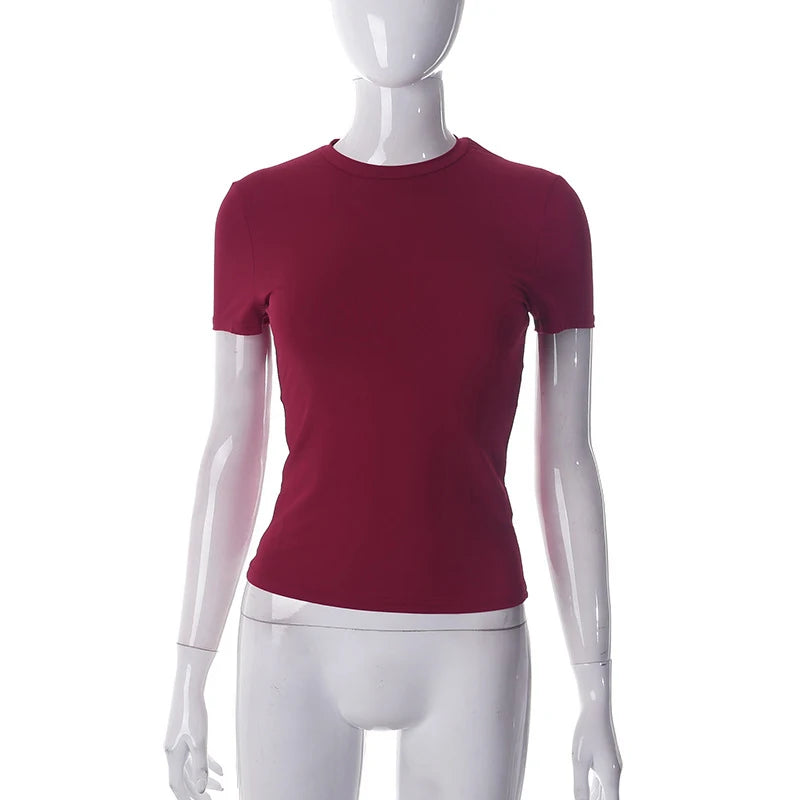 2024 Spring New Short Sleeve T-Shirt Women Solid Simple Casual Soft All-Match Hot Basic Crop Tops Tees Summer Fashion Quick Pick Grocers