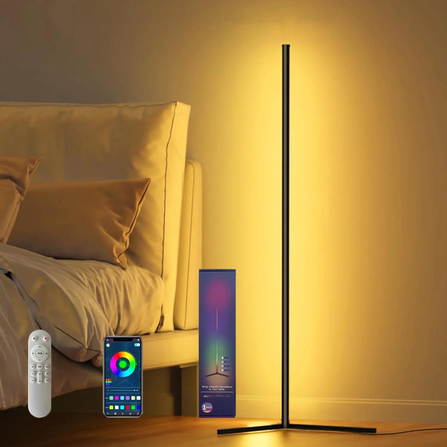 RGB LED Floor Lamp, LED Corner Lamp Works Smart Modern Floor Lamp with Music Sync and 16 Million DIY Colors Floor Lamp Quick Pick Grocers