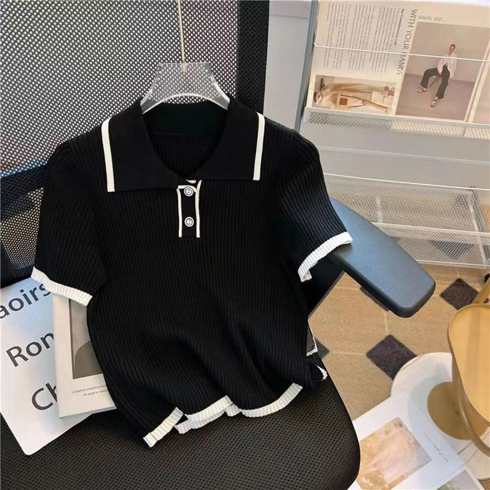 Ice silk knitted short sleeved T-shirt for women's summer 2024 new fashionable and stylish polo shirt top Quick Pick Grocers