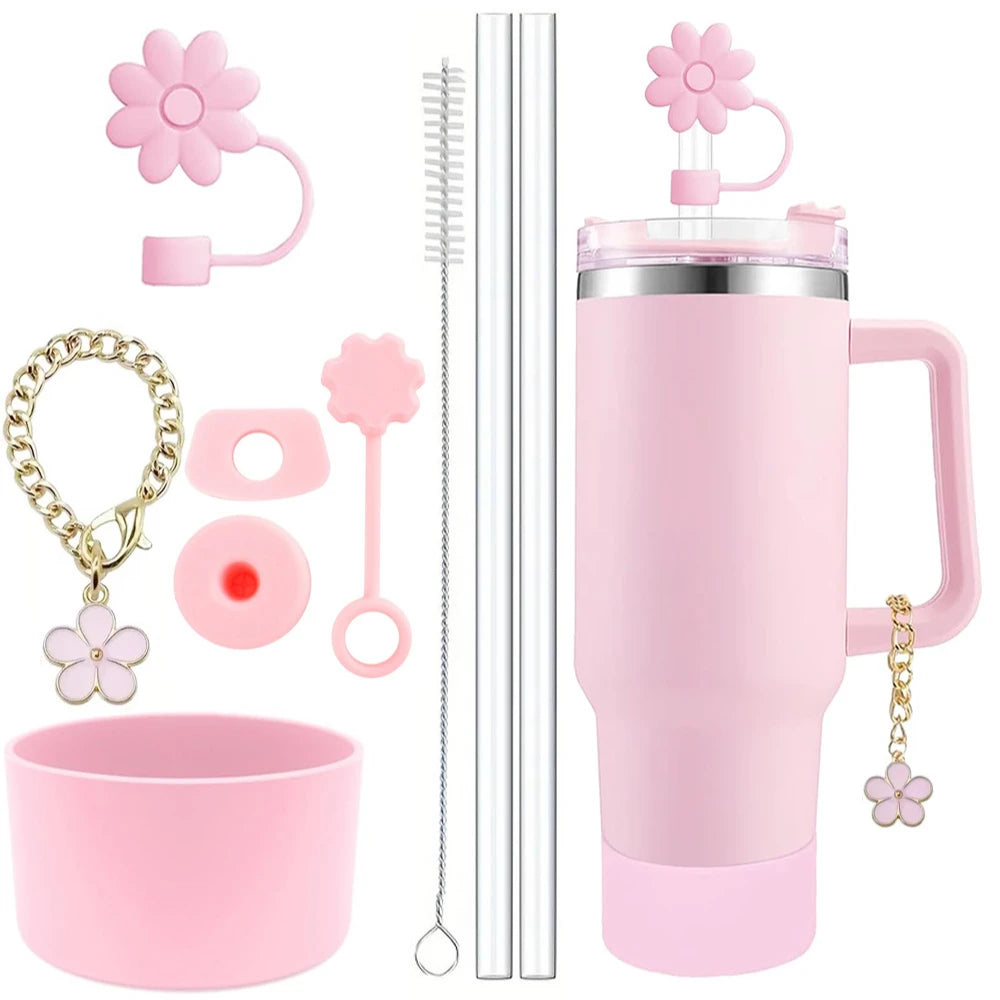 Cup Accessories for Stanley Cup Set of 9 Straw and Brush and 1 Flower Charm Chain 3 Spill Proof Stopper Flowers Straw Cover Boot Quick Pick Grocers