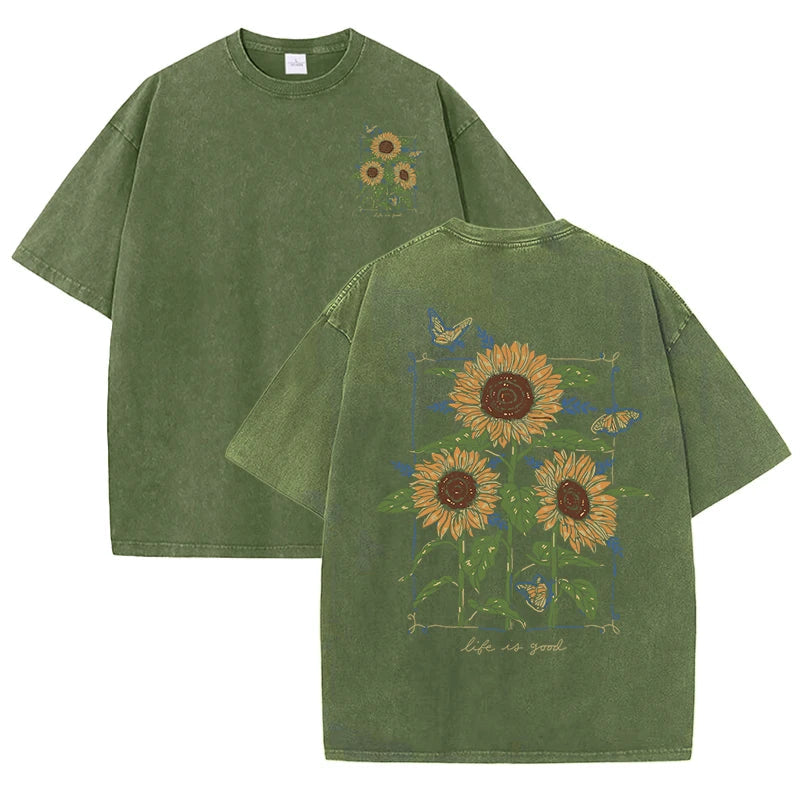 Lift Is Good Beautiful Sunflower Print Washed T Shirts Women Soft Cotton T-Shirt Street Creative Short Sleeve Summer Casual Tops Quick Pick Grocers
