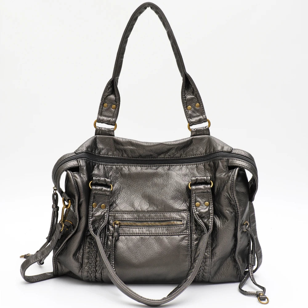 Vintage Washed PU Leather Large Capacity Tote Zip Pockets Braid Decor Shoulder Cross body Bag Unisex Women Daily Travel Handbag Quick Pick Grocers
