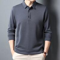 Men's Waffle Long Sleeved POLO Shirt with Letter Printed Lapel Casual Top Quick Pick Grocers