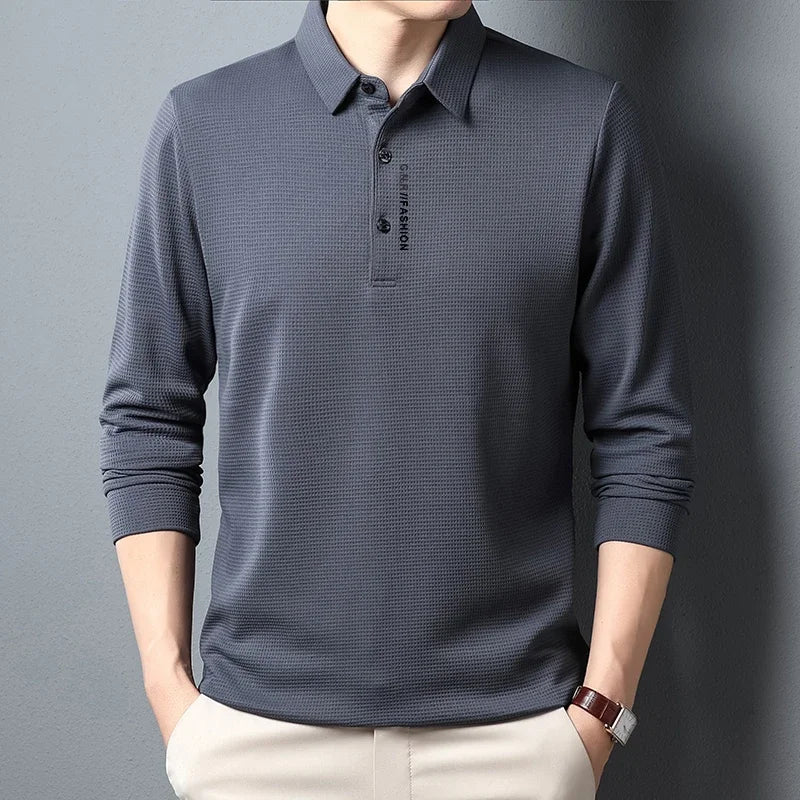 Men's Waffle Long Sleeved POLO Shirt with Letter Printed Lapel Casual Top Quick Pick Grocers
