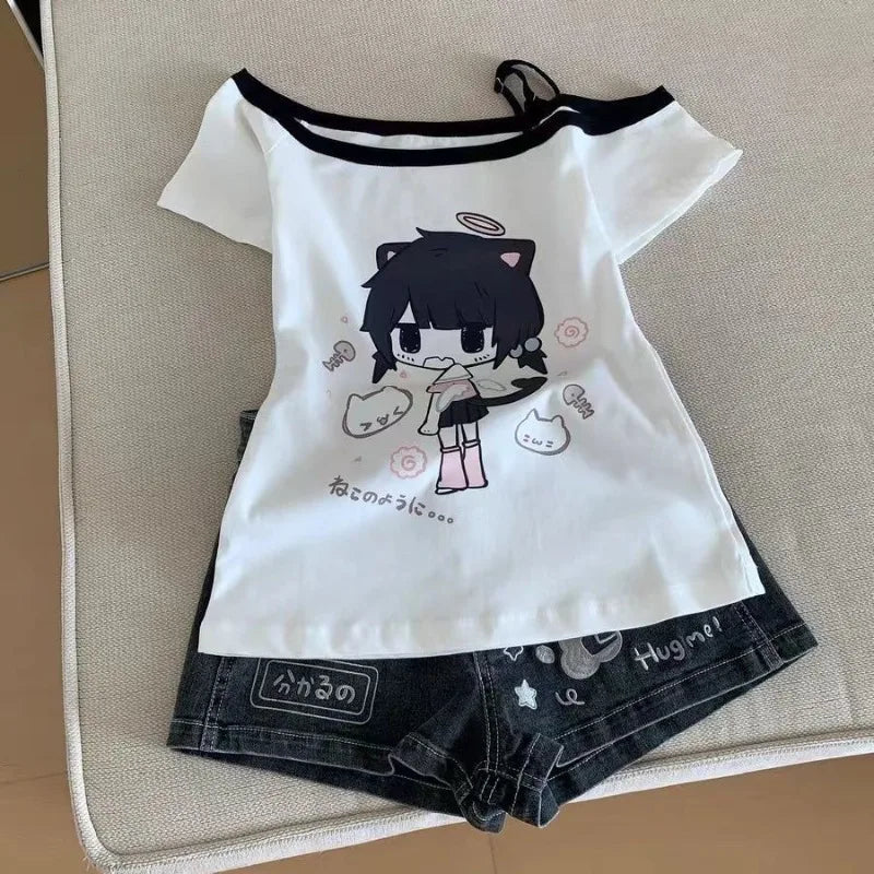 Japanese Y2K Print Skew Collar T-Shirts Summer Off Shoulder Short Sleeve Tee Shirt New Loose All-Match Top for Women Quick Pick Grocers
