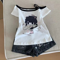 Japanese Y2K Print Skew Collar T-Shirts Summer Off Shoulder Short Sleeve Tee Shirt New Loose All-Match Top for Women Quick Pick Grocers