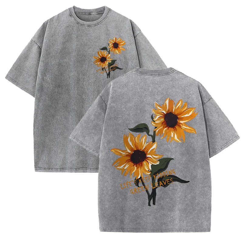 Lift Is Good Beautiful Sunflower Print Washed T Shirts Women Soft Cotton T-Shirt Street Creative Short Sleeve Summer Casual Tops Quick Pick Grocers
