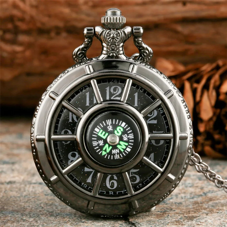Vintage Black Compass Design Quartz Pocket Watch, With Necklace Pendant, World-Time Feature, Pointer Display Pocket Watch Quick Pick Grocers